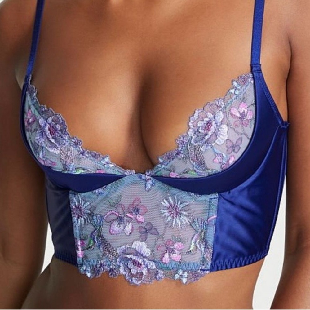 Victoria’s Secret Hummingbird Embroidery Quarter Cup Corset Top 32D Blue Lace